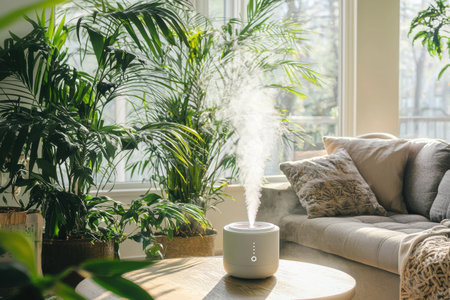 A warm living room features a modern humidifier releasing steam beside a plush sofa adorned with soft pillows. Sunlight streams through large windows, illuminating indoor plants. Generative AIの素材