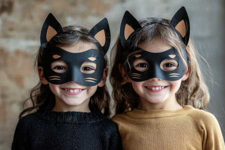 Two happy children pose closely together while wearing shiny cat masks, showing joyful expressions. Quadrober youth subculture. Generative AIの素材
