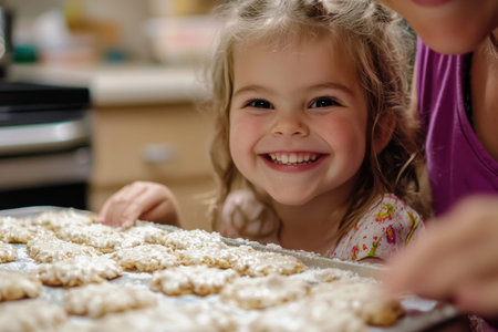 A happy girl smiles as she helps her mother bake cookies in a warm kitchen. They share a moment of joy and connection while arranging treats on a tray. Generative AIの素材