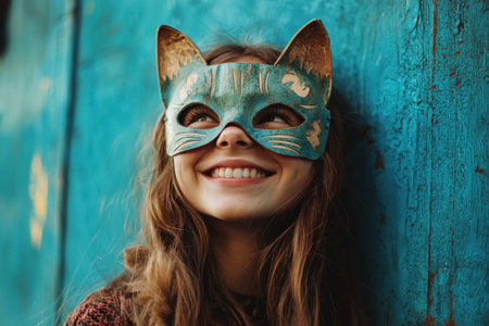 Young happy girl wearing shiny cat mask, showing joyful expression. Quadrober youth subculture. Generative AIの素材