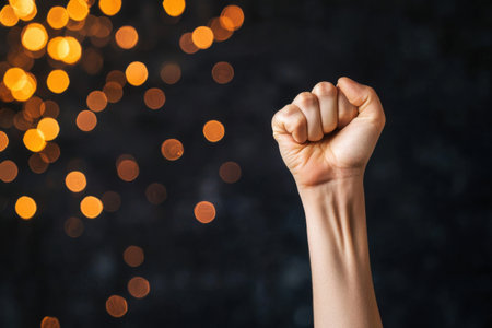 A hand is raised in a confident fist, symbolizing strength and victory, set against a backdrop of soft, glowing bokeh lights creating a celebratory atmosphere. Generative AIの素材