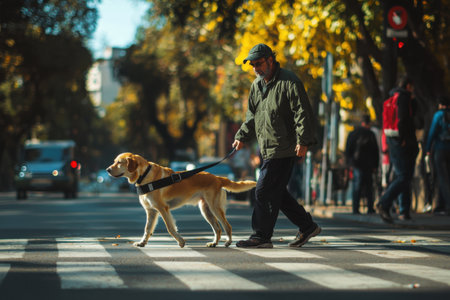 A man leads his golden retriever across a crosswalk on a sunny day. Autumn leaves paint the street, creating a colorful backdrop filled with pedestrians and vehicles. Generative AIの素材