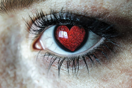 A close-up view of an eye features a vivid red heart shape reflected in the pupil. Generative AIの素材