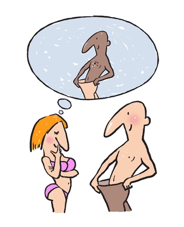 He is a pink skinned man and he shows his woman content of his brown pants  But she dreams of man quite similar, but brown one, showing her content of his pink pants のイラスト素材