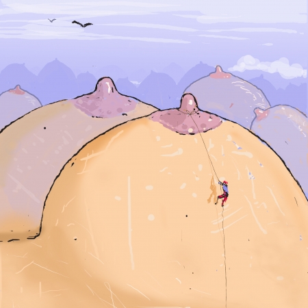 mountains of breasts and a little man climbing them のイラスト素材