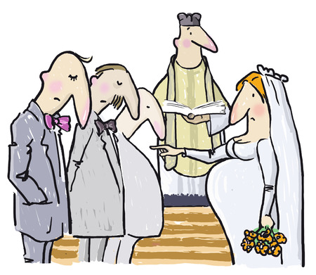 Image shows a group of people during church wedding  A pregnant bride points a finger to a putative father of her child, but all men except a priest obviously fill guiltyの写真素材