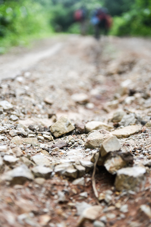 Travel walking on rock path in forest Thailandの写真素材
