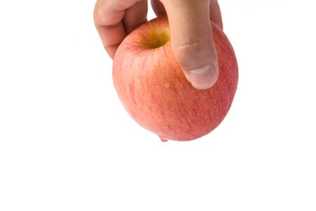 Hand holding the pink "Fuji" apple.Isolated on white background.Keep from the floorの写真素材