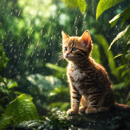 Cute bengal kitten sitting in the rain on natural background.の素材