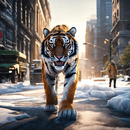 Siberian tiger walking on the street in the winter. This is a 3d render illustration.の素材