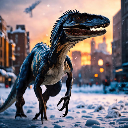 Dinosaur on the background of the night city. 3d renderingの素材