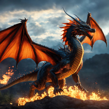 3D rendering of a fantasy dragon flying in the sky with fireの素材