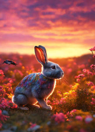 Rabbit in the meadow with pink flowers and birds at sunsetの素材