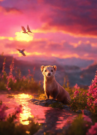 Ferret in the wild at sunset. Colorful nature background.の素材