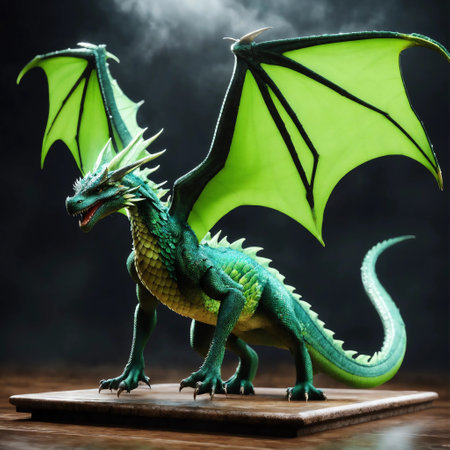 Fantasy green dragon on a wooden table. 3d rendering.の素材