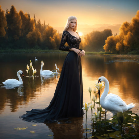 Beautiful young woman in a long black dress on a lake with swansの素材