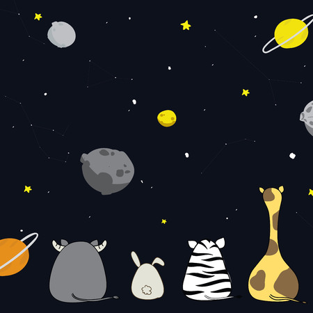 Vector illustration, cute animals are watching the planet, meteor, moon Milky Way in space. Rabbits, giraffes, zebras, buffalo, sitting and watching the sky at night.のイラスト素材