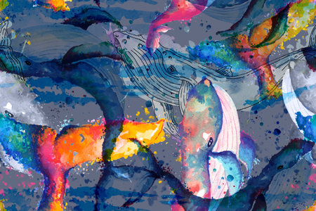 Seamless pattern whales watercolor designs for fabric.Marine design.Underwater animal illustration.Perfect for wrapping paper, wallpapers,prints and textile.Realistic painting.Hand drawn.の写真素材