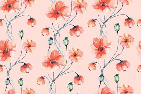 Seamless pattern of orange flowers drawn with watercolor.For the design of the wallpaper or fabric, vintage style.Blooming flower painting for summer.の写真素材
