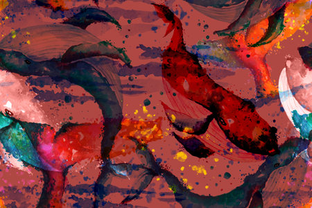 Seamless pattern whales watercolor designs for fabric.Marine design.Underwater animal illustration.Perfect for wrapping paper, wallpapers,prints and textile.Realistic painting.Hand drawn.の写真素材