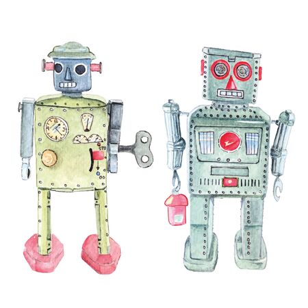 Antique vintage retro robot tin toy painting with watercolors.Collections as a child.のイラスト素材