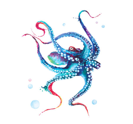 Hand drawn illustration octopus watercolor isolated on white background.Devilfish with tentacles swimming and living in the deep sea.In the form of fantasy.の写真素材