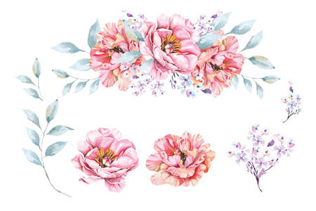 Bouquet of peony painted with watercolors.Hand drawn floral illustration.For wedding and valentine.Vintage style.Blooming pink flower painting for summer.のイラスト素材
