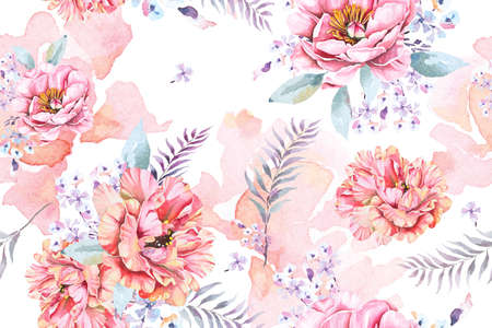 Peony seamless pattern with watercolor on white background.Designed for fabric luxurious and wallpaper, vintage style.Hand drawn floral pattern illustration.Rose garden.の写真素材