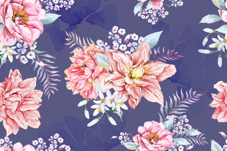 Peony and lily seamless pattern with watercolor on purple background.Designed for fabric luxurious and wallpaper, vintage style.Hand drawn floral pattern illustration.Lilies  flora illustration.の写真素材