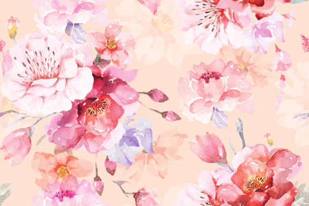 Rose seamless pattern with watercolor pastel color background.Designed for fabric luxurious and wallpaper, vintage style.Hand drawn floral pattern illustration.Rose garden.Pink flower bouquet.の写真素材