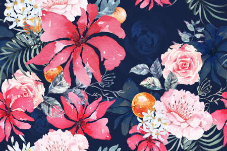 Rose seamless pattern with watercolor .Designed for fabric luxurious and wallpaper, vintage style.Hand drawn floral pattern illustration.Rose garden.の写真素材