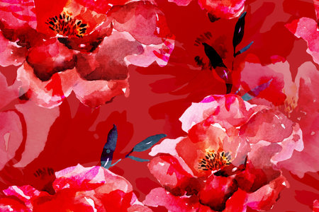 Rose seamless pattern with watercolor on red background.Designed for fabric luxurious and wallpaper, vintage style.Hand drawn floral pattern illustration.Rose garden.Pink flower bouquet.For valentines background.の写真素材