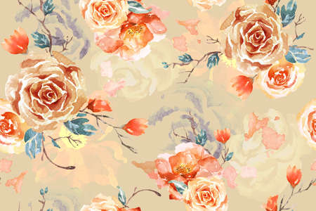 Rose seamless pattern with watercolor on cream background.Designed for fabric luxurious and wallpaper, vintage style.Hand drawn floral pattern illustration.Rose garden.Pink flower bouquet.の写真素材