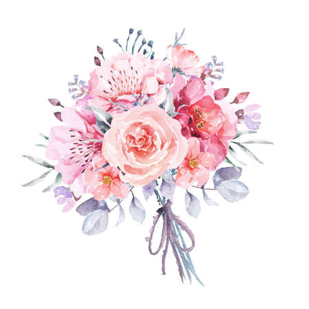 Bouquet of flowers painted with watercolor isolated on white background.Hand drawn floral illustration.For wedding and valentine.Vintage style.Blooming pink flower painting for summer.Bouquet roses and pink poppies.のイラスト素材