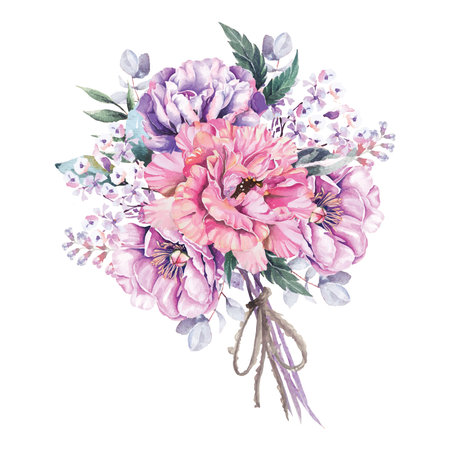 Bouquet of peony painted with watercolors.Hand drawn floral illustration.For wedding and valentine.Vintage style.Blooming purple flower painting for summer.Purple flower bouquetのイラスト素材