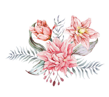 Composition pink lily with eucalyptus leaves with watercolor.Bouquet of flowers. Floral print.For wedding and birthday.Vintage style invitation card.のイラスト素材