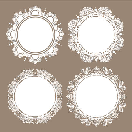 Elegant white lace frame on brown background.Circle decoration for wedding invitation card with place for text.のイラスト素材