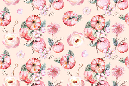 Apple and flower seamless pattern painted watercolor.Designed for fabric luxurious and wallpaper, vintage style.Hand drawn floral pattern illustration.Fruit pattern background.の写真素材