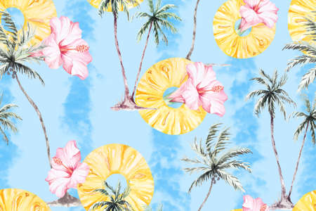 Pineapple seamless pattern Coconut tree and hibiscus flower painted by watercolor.Designed for fabric luxurious and wallpaper, vintage style.And flowers.の写真素材