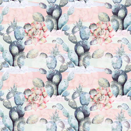 Seamless pattern cactus painted with watercolors.For the design of the wallpaper and fabric style Vintage.Nature and minimalist cactus and echeveria background.の写真素材