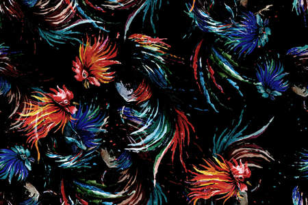 Seamless pattern fighting cock painted with watercolor.Facing encounter rooster for designing fabric patterns and wallpapers.Chicken big cock illustration.Abstract backgroundの写真素材