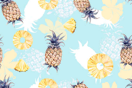 Seamless pattern pineapple with watercolor.Summer colorful hand drawn tropical fruit  pattern.For fabric luxurious and wallpaper, vintage style.Cute and bright flower background.の写真素材
