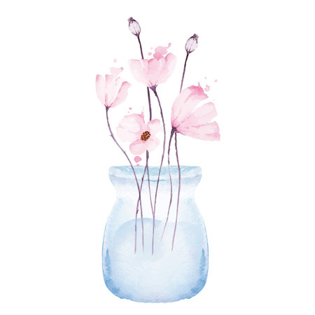 Illustration bouquet of poppies in glass vase painted with watercolor isolated on white background.Bouquet flower elegant vintage style.For decorating the Valentine festival or a wedding for romance.Poppy pink.のイラスト素材