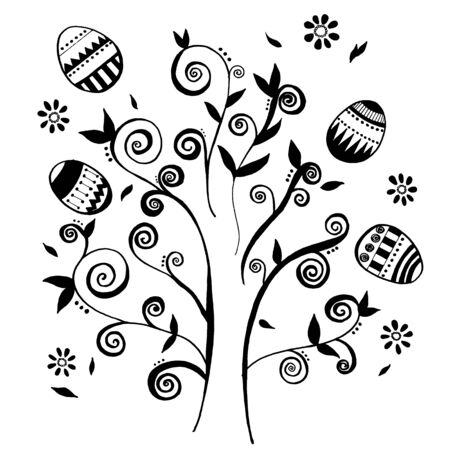 Hand-drawn Vector Easter eggs around tree and design element.のイラスト素材