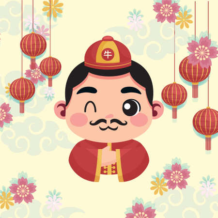Chinese new year chibi wearing cheongsam ornament flower and lantern background pattern vectorのイラスト素材