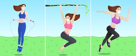 Beautiful girls wearing Face Masks against Covid-19 virus doing exercises like Skipping, Running and Pull ups for a Healthy lifestyleのイラスト素材
