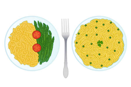 Set of Classic Italian Pasta dishes containing Fusilli Pasta with Tomatoes and Asparagus and Spaghetti with Green beans and a dash of Coriander isolated on white background. Vector illustration.のイラスト素材