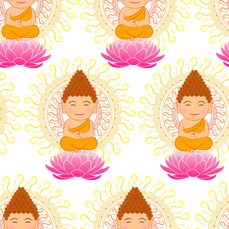 Cute Buddha seamless pattern with Mandala background for Indian, Buddhism and Spiritual wallpaper and textile printsのイラスト素材