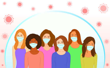 Group of women wearing medical masks. Preventive measures from respiratory disease, virus spread outbreak. Coronavirus pandemic concept. Vector illustrationのイラスト素材