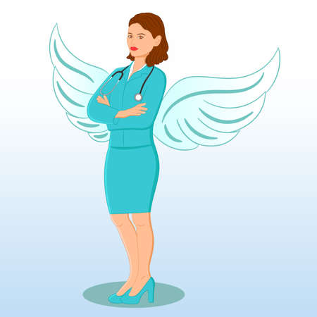 A woman doctor or nurse with white angel wings and stethoscope. Real superhero, Front-line fighters against Corona virus. Vector illustrationのイラスト素材